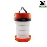 Red and white pop-up camping lantern with carabiner clip, shown extended