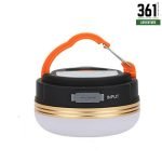 Rechargeable LED camping lantern with orange carabiner handle and magnetic base