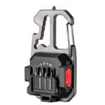 The folding stand and screwdriver bits stored in the back of the mini COB work light