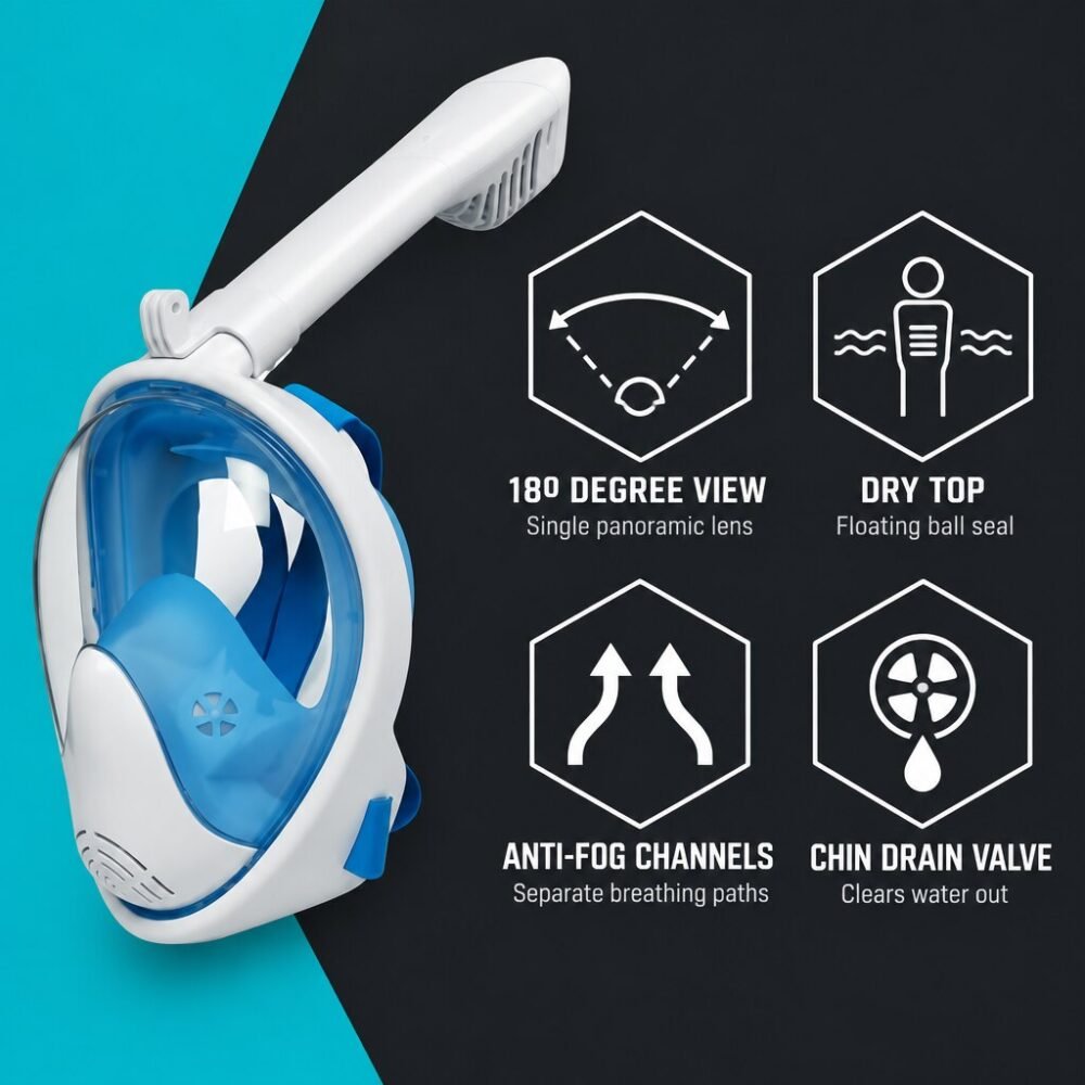 Full Face Snorkel Mask - 180-Degree View, Dry Top and Anti-Fog Channels