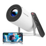 Magcubic HY300 Pro projector with its remote and phone screen mirroring