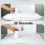 Mini electric vacuum pump GR-202 flattening a bedding storage bag in about 20 seconds
