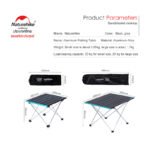 Naturehike FT08 folding table specification card with sizes, weights and load capacities