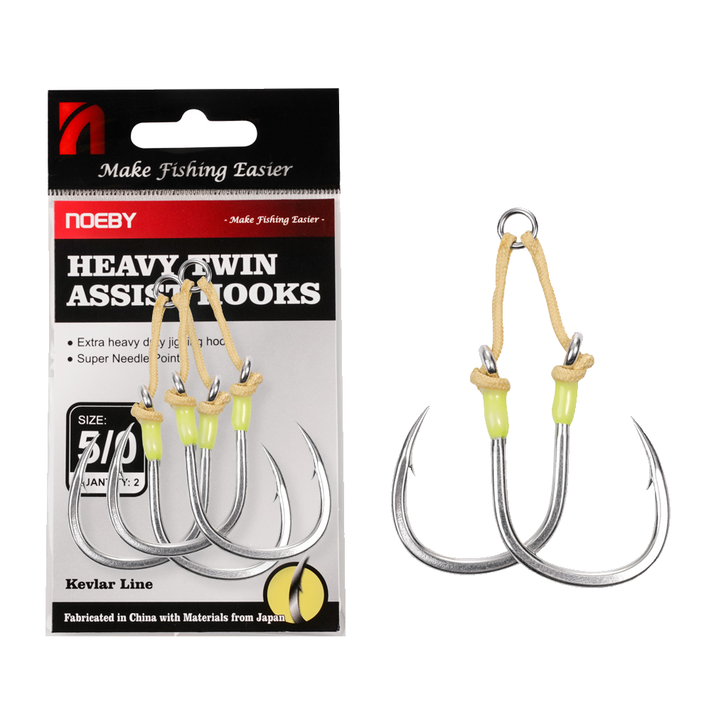 Noeby Extra Heavy Duty Feathered Twin Assist Hooks - 1/0, 3/0, 5/0