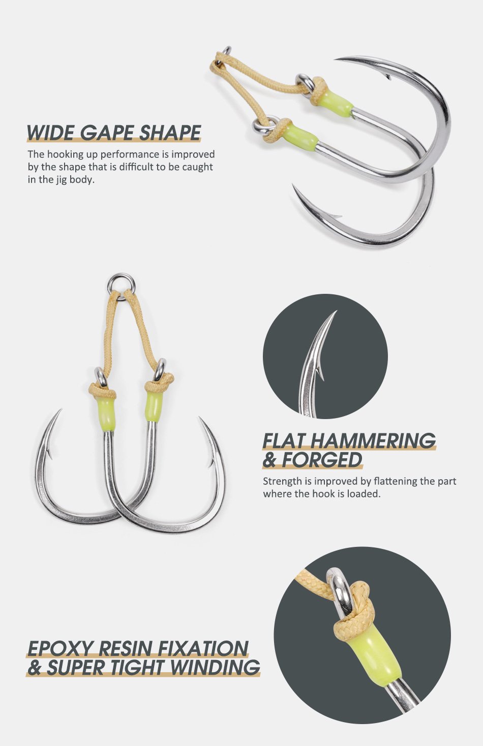 Noeby Extra Heavy Duty Feathered Twin Assist Hooks - 1/0, 3/0, 5/0