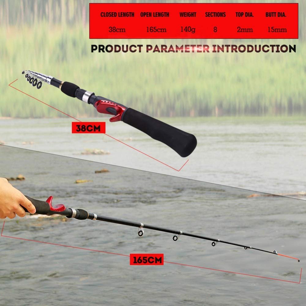 1.6 m Mini Portable Rod & Reel Combo - Carbon, Packs to 75 cm
