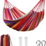 Striped canvas hammock - ropes, carabiners and stuff sack included