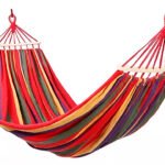 Striped canvas hammock with wooden spreader bar - ropes, carabiners, straps and stuff sack included