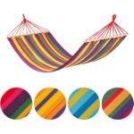 Striped canvas hammock with wooden spreader bar - bed held open by the wooden bars