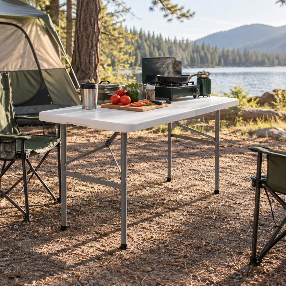 Heavy Duty Folding Table 4ft - Adjustable Height, Folds in Half
