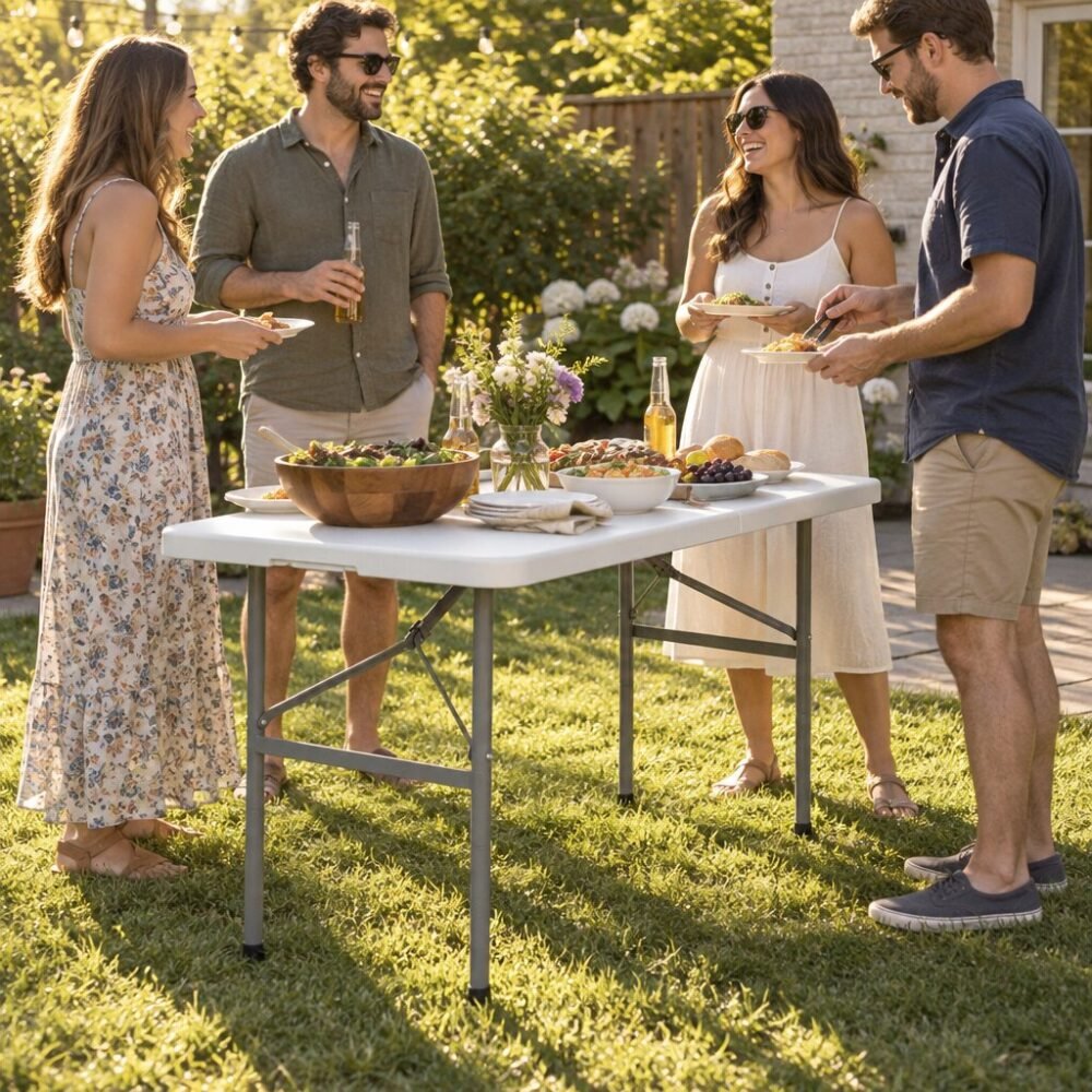 Heavy Duty Folding Table 4ft - Adjustable Height, Folds in Half
