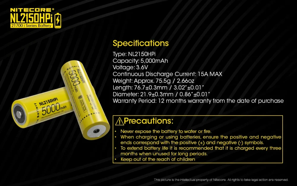 Nitecore NL2150HPi – Micro-USB Rechargeable 21700 Li-ion Battery 5000mAh