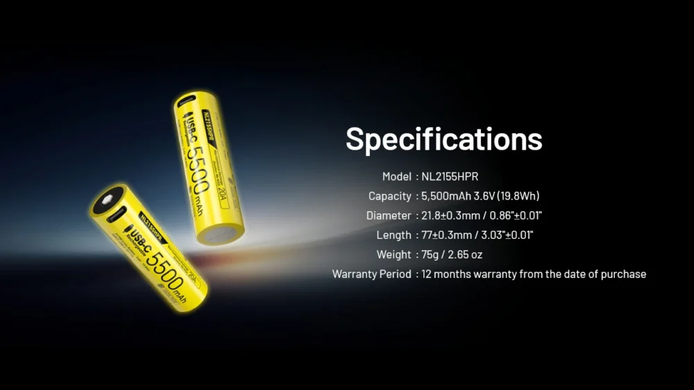 Nitecore NL2155HPR – USB Rechargeable 21700 Li-ion Battery (5,500mAh)