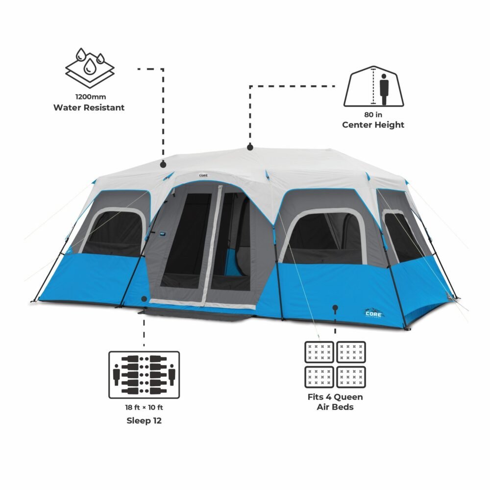 CORE 12 Person Lighted Instant Cabin Tent 18' x 10' – Model 40064